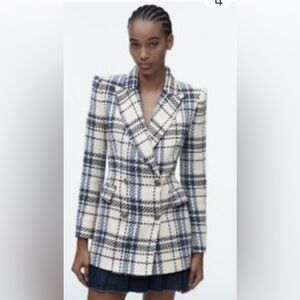 ZARA Ivory Cream Blue Plaid Tweed Double Breasted Blazer Jacket Women Size M